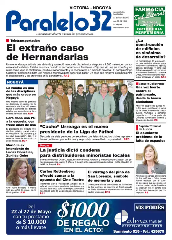 Esta es la tapa de Paralelo 32 edición Victoria/Nogoyá de éste sábado