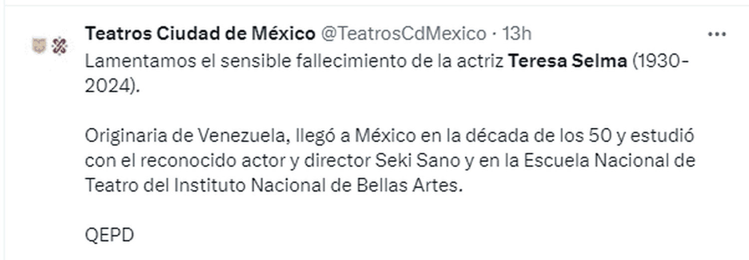 En México lamentaron la partida de Teresa Selma. Foto X