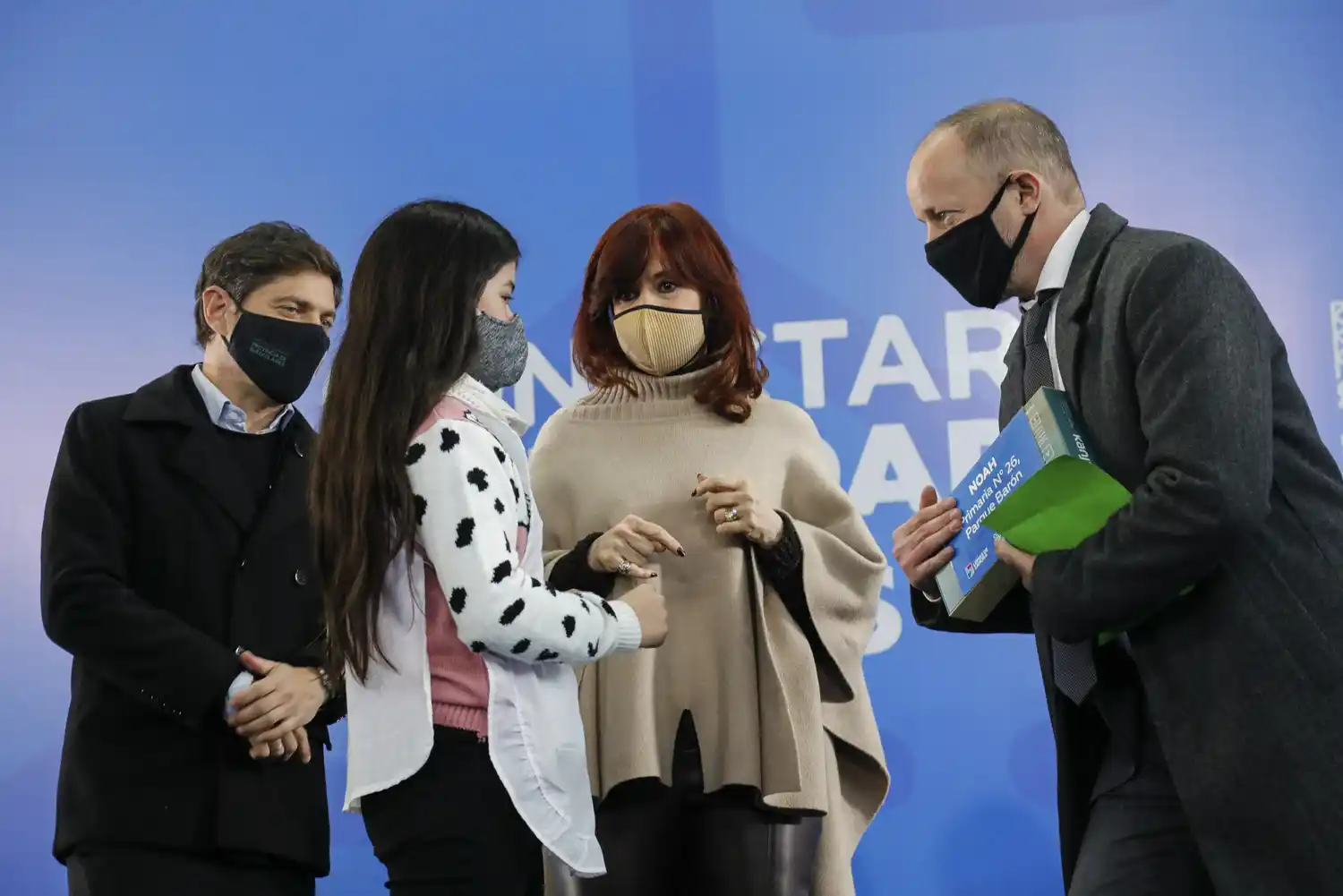 Cristina Kirchner, junto al gobernador Axel Kicillof y al intendente Martín Insaurralde, durante el acto de presentación de Conectar Igualdad.