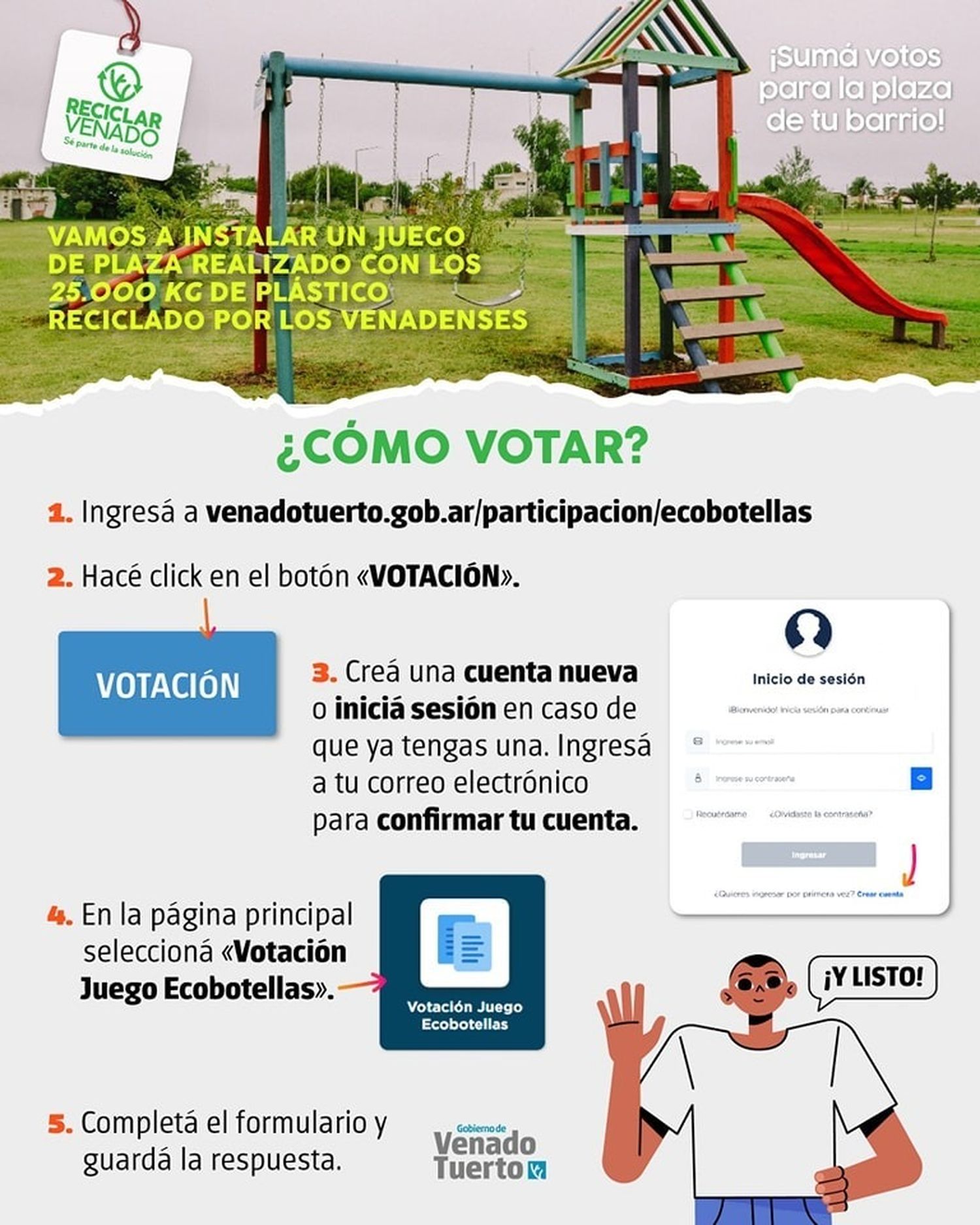 Prosigue la votación para elegir en qué barrio instalar un juego de plaza elaborado con plástico reciclado