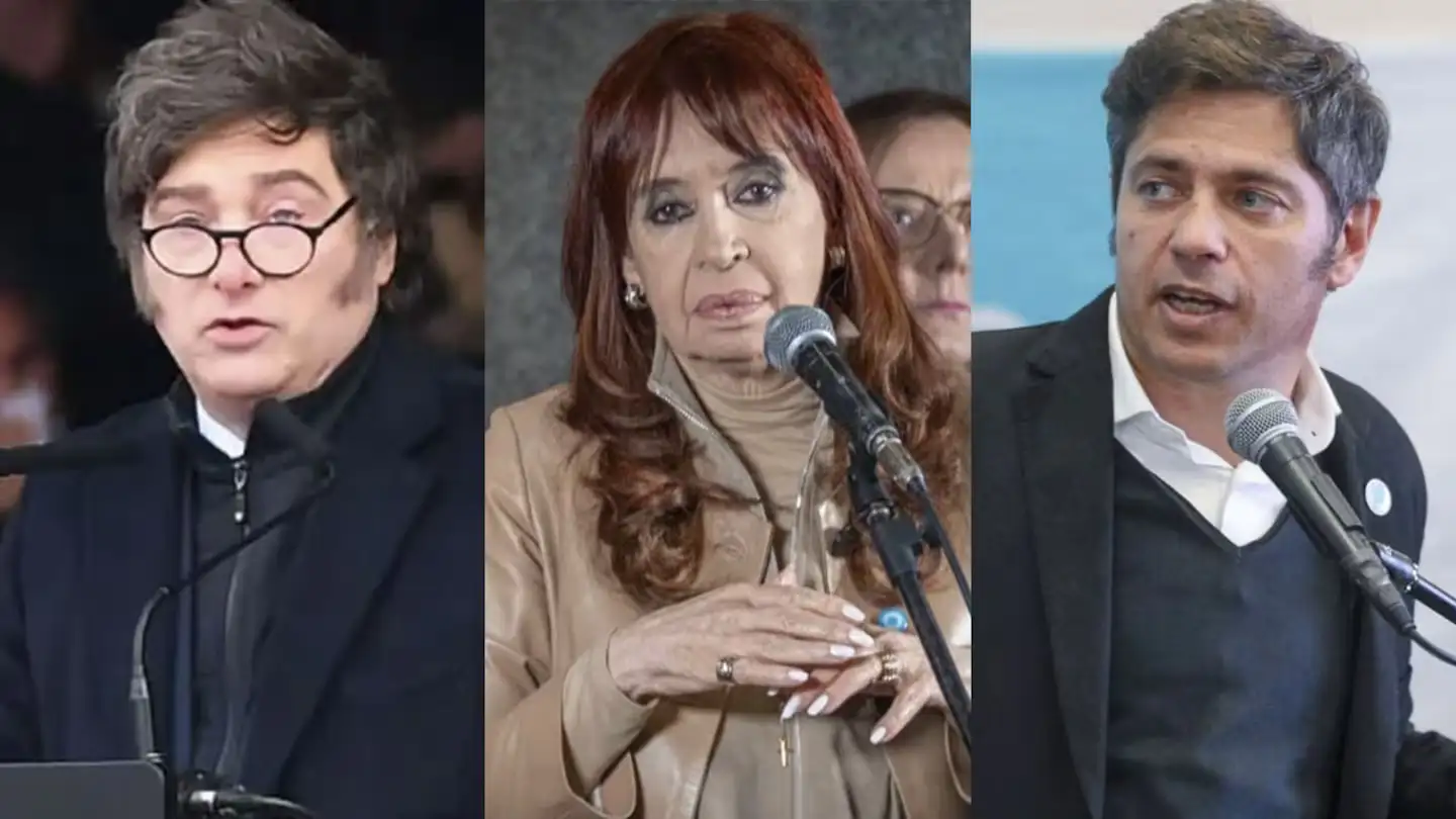 Javier Milei, Cristina Kirchner y Axel Kicillof