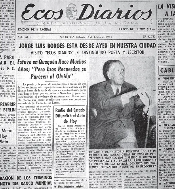 Portada. De Ecos Diarios del 18 de enero de 1964, testimoniando la visita de Jorge Luis Borges a nuestra casa