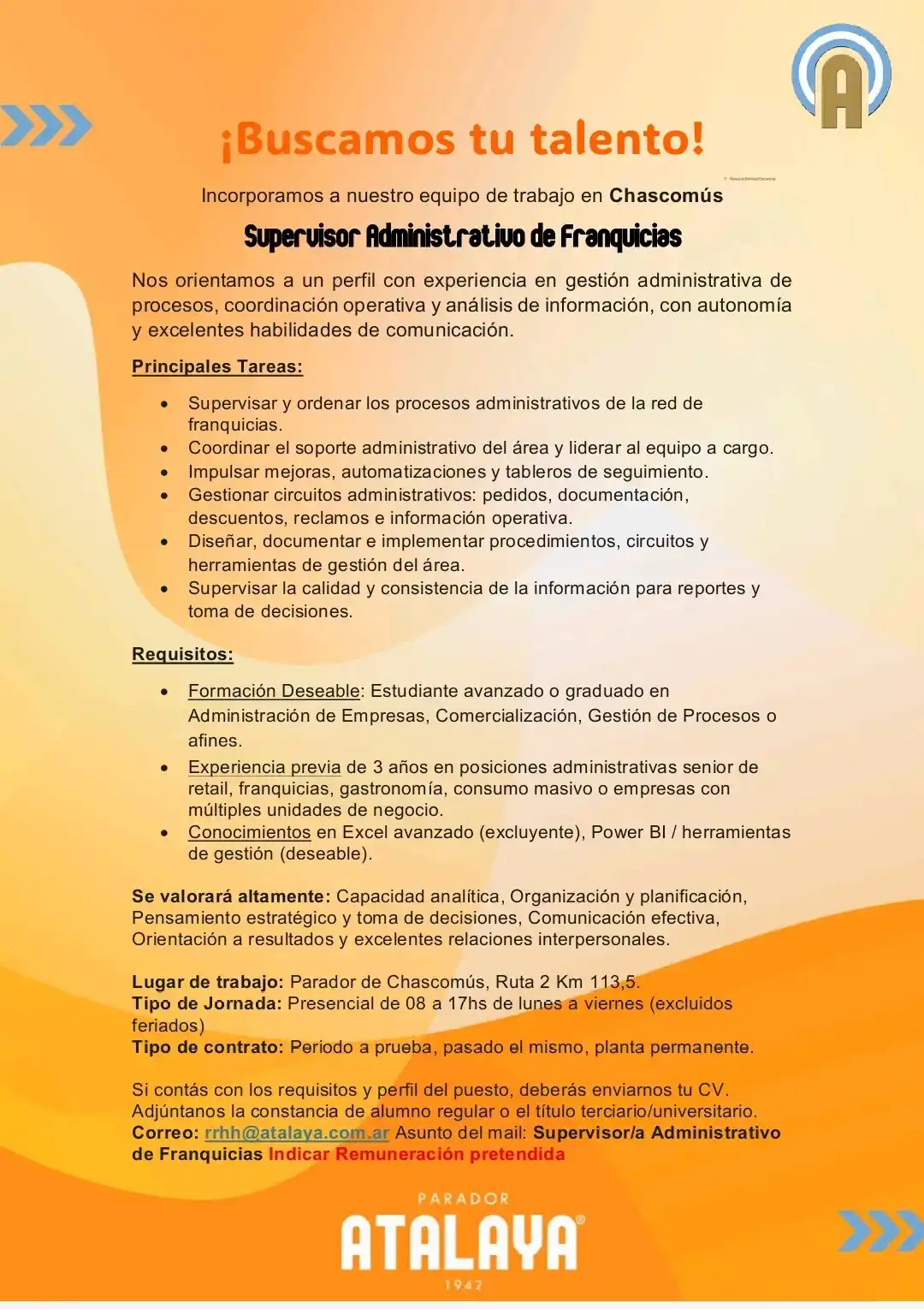 Atalaya busca Supervisor Administrativo de Franquicias para su sede en Chascomús