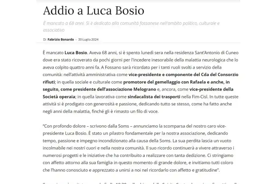 Artículo del semanario La Fedelta