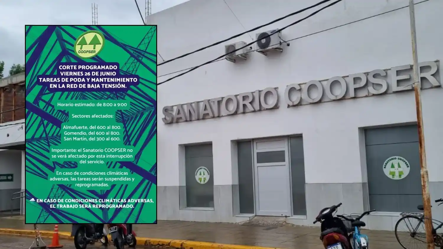 Pese a que el corte será en la zona del Sanatorio Coopser, el servicio en el centro sanitario está garantizado.