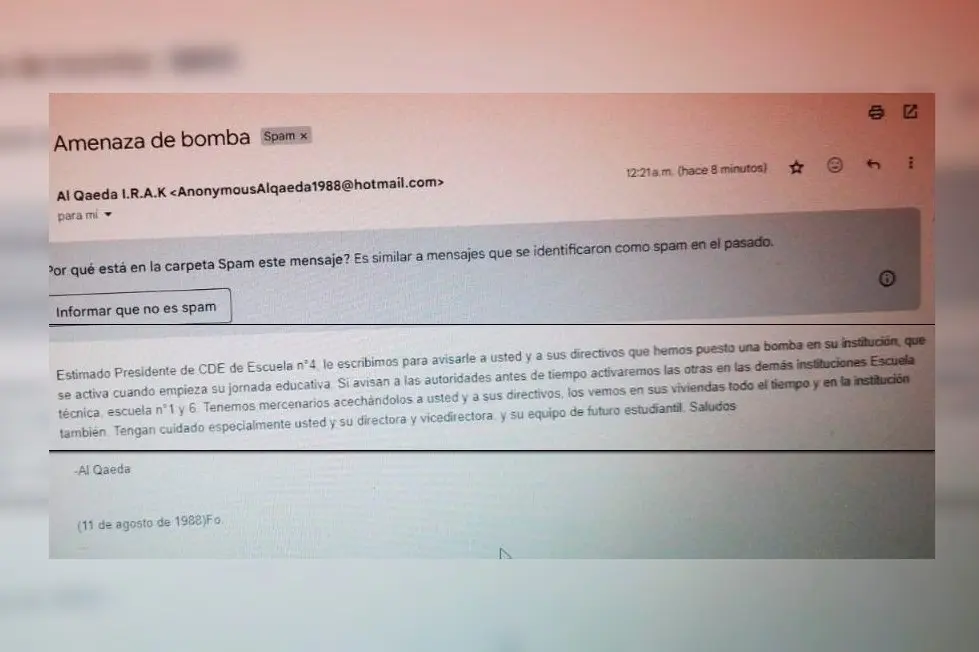 El e-mail que llegó a la casilla del Centro de Estudiantes del Normal.