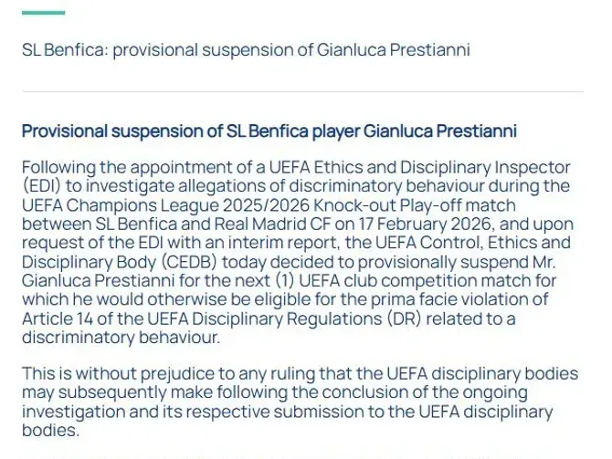 Suspensión provisional a Gianluca Prestianni.