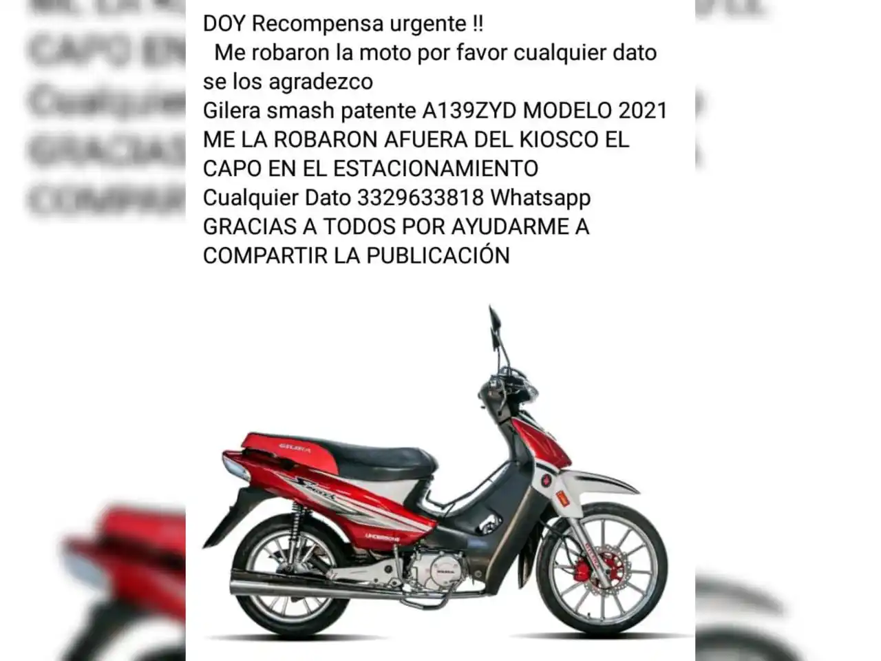 Le robaron la moto y ofrece recompensa a quien la encuentre