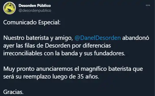El mensaje de Desorden Público para jugarle una broma a sus fanáticos. Foto: Twitter