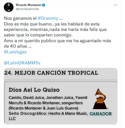 Montaner fue uno de los venezolanos ganadores del Latin Grammy. Foto Twitter