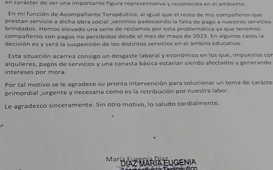 Piden a Salazar que interceda por pagos de Osprera a acompañantes terapéuticos
