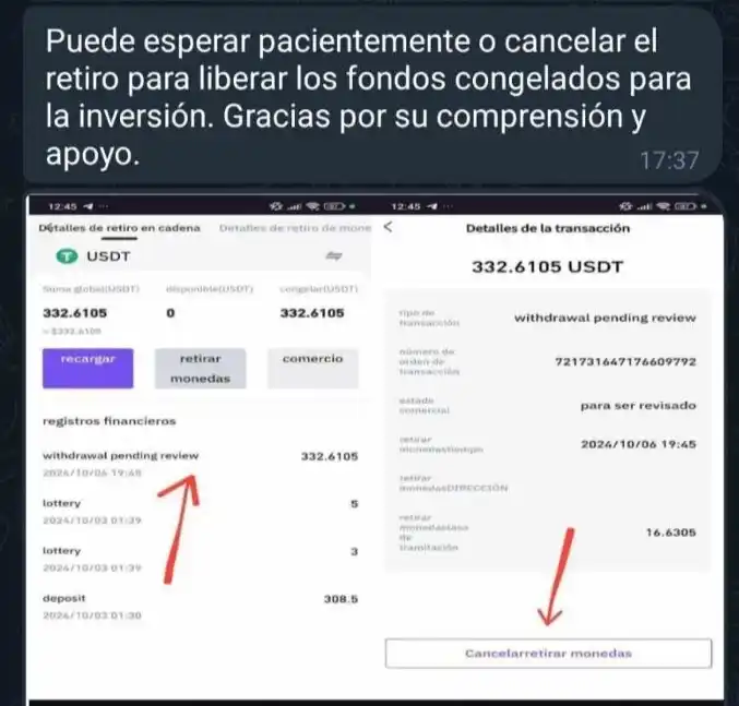 El jueves por la noche en el grupo de inversores había invitaciones para participar nuevamente por premios y mensajes a los usuarios que piden retirar su dinero.