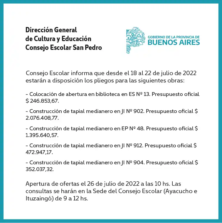 [Publicación Oficial] Consejo Escolar San Pedro: Pliegos a disposición para diversas obras