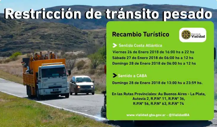 Recambio turístico: Restricción de circulación para camiones en Provincia el 26, 27 y 28 de enero