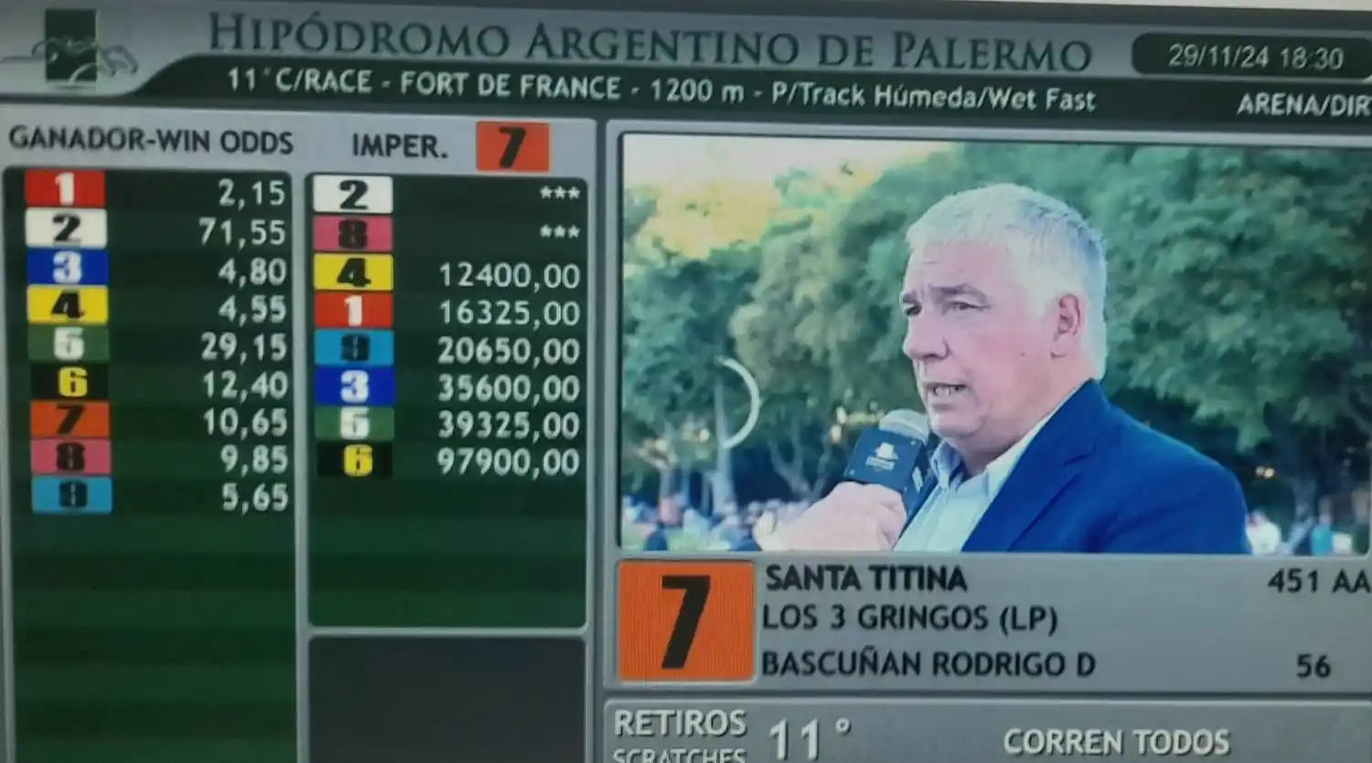 En la tarde de este viernes se disputó en el hipódromo Argentino (Palermo) el premio: "100º Aniversario Fundacion del Jockey Club Gualeguay", prueba sobre la distancia de 1.800 metros. Estuvo entregando el premio el presidente de la entidad gualeguayense, señor Carlos A. Pradal y en la grafica lo vemos cuando es entrevistado por el periodista locutor Andrés E. Del Padrone.