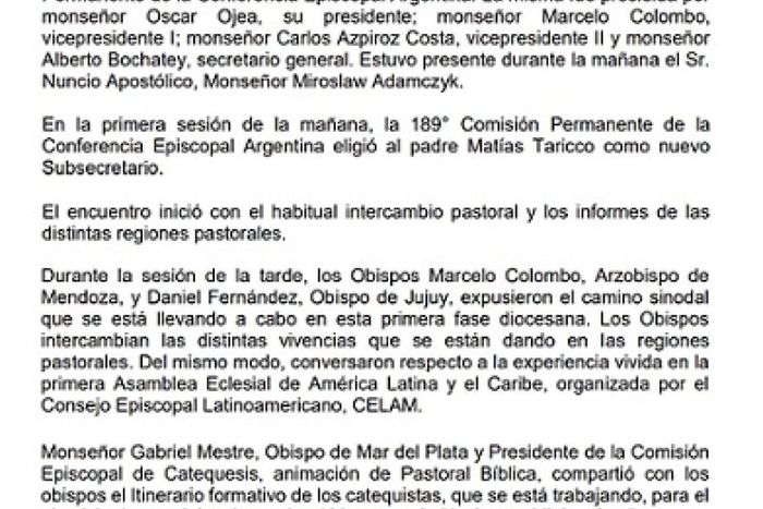 Comunicado de la  Conferencia Episcopal Argentina