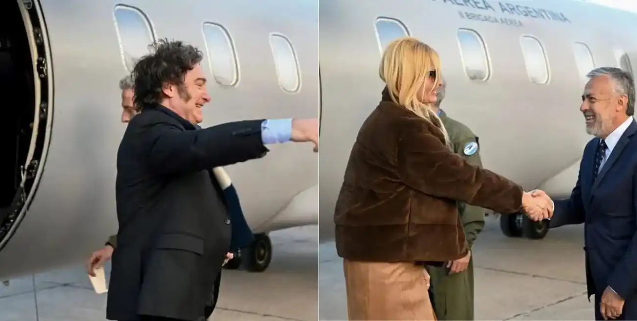 El Jefe de Estado, acompañado por su actual pareja Yuyito González, fue recibido por Alfredo Cornejo al aterrizar. Foto: Gobierno de Mendoza.