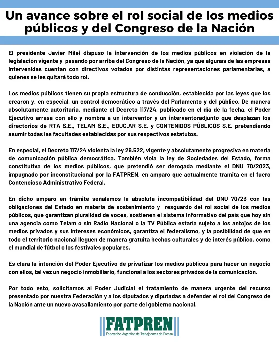 Comunicado emitido por FATPREN.