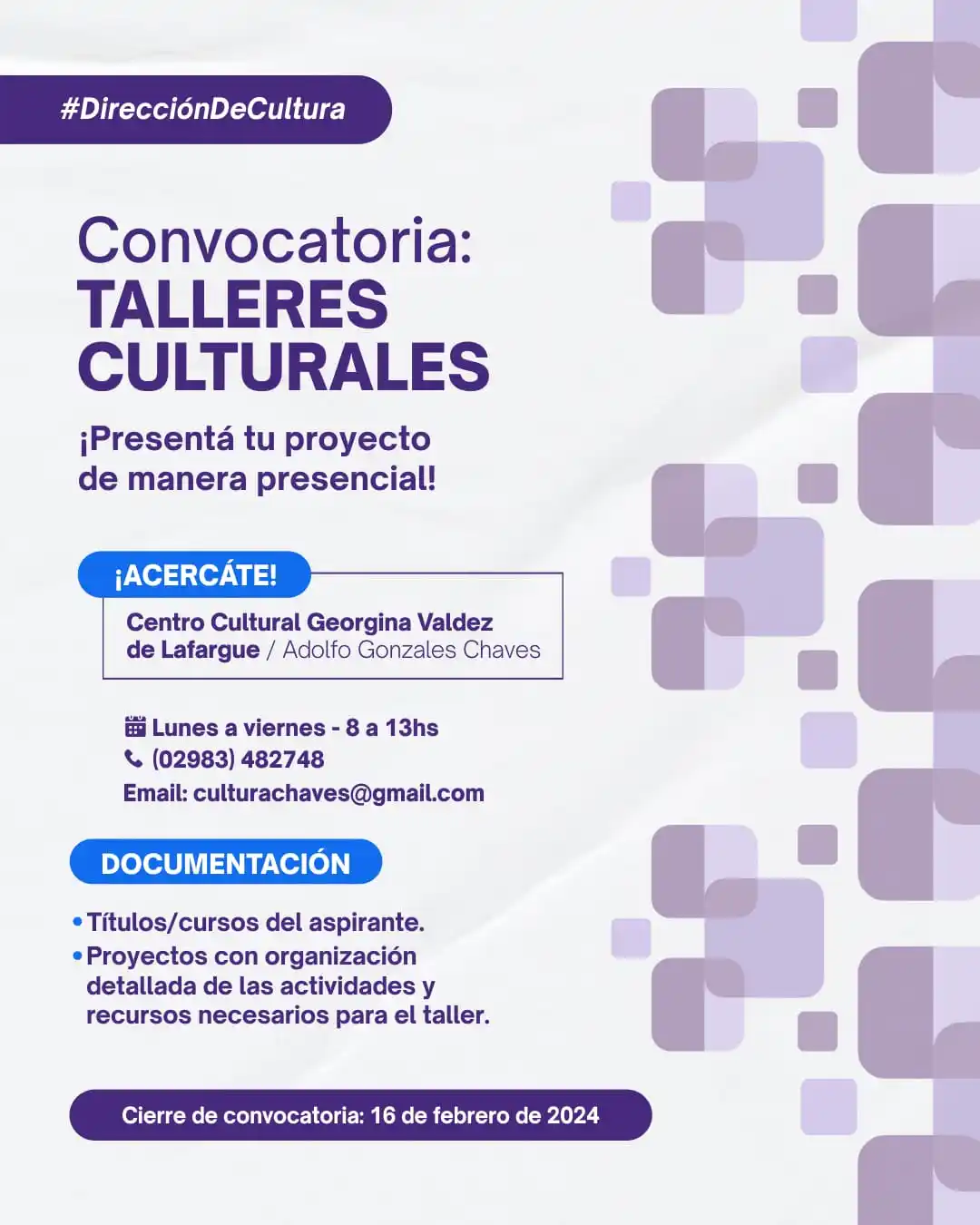 Convocatoria abierta para talleres culturales 2024 en Chaves