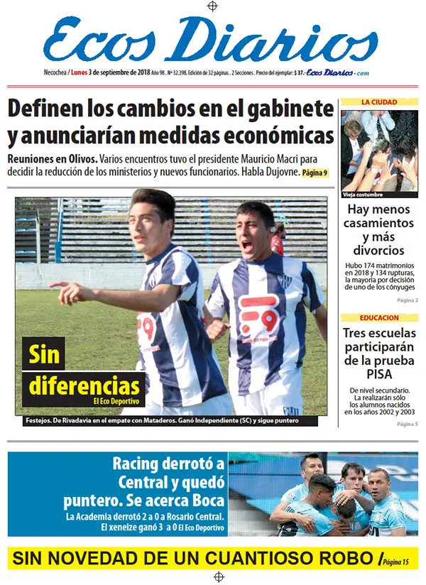 Tapa del 3 de septiembre de 2018