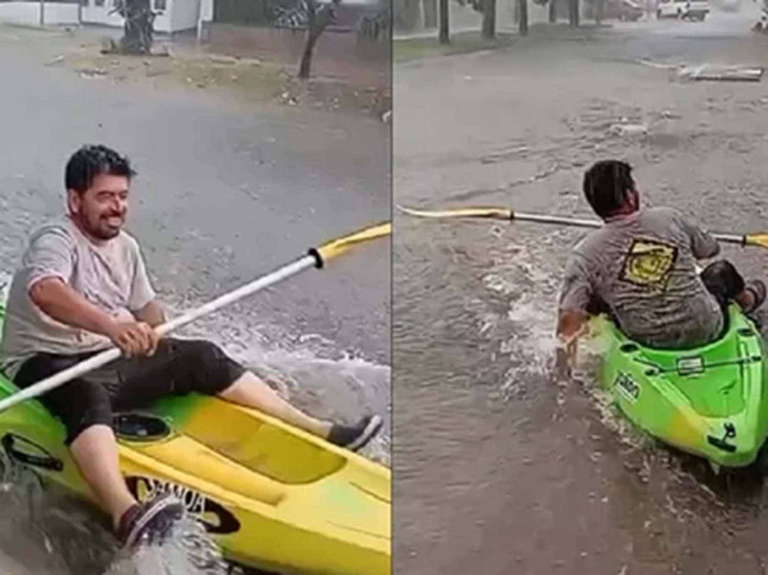 Video: cayeron 40 mm de lluvia en Crespo y un vecino salió a remar en kayak