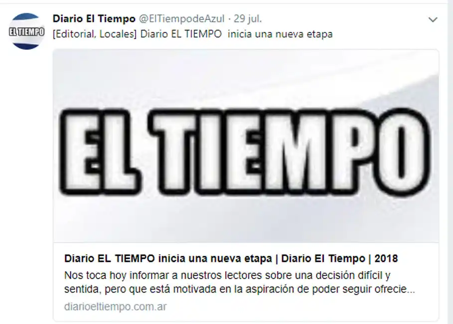 El Diario El Tiempo de Azul dejará de publicarse en papel los días lunes y jueves