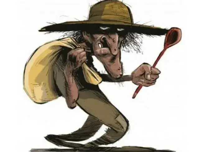 Ilustración del Karaí Octubre, el duende de la mitología guaraní que visita los hogares cada primero de octubre con su sombrero de paja, un saco al hombro y una cuchara de madera para controlar la abundancia de alimentos en la cocina.