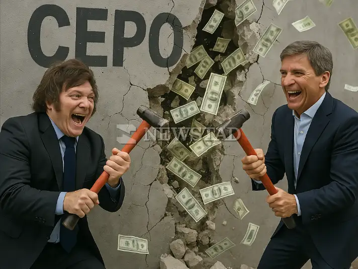 Chau cepo. Luis Caputo y Javier Milei en la salida del cepo cambiario.