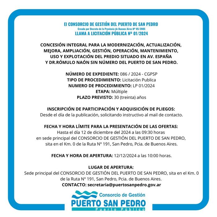El Consorcio de Gestión del Puerto de San Pedro  llama a licitación pública