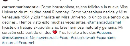Carmen María Montiel fijó su posición ante la ganadora del Miss Universo. Foto Instagram