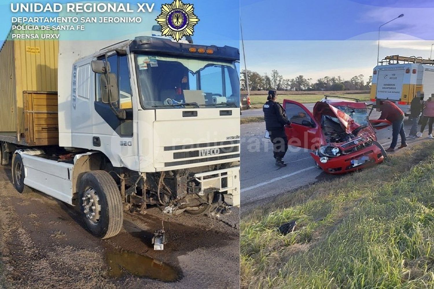 Impactante choque entre un camión y un auto con al menos dos heridos y graves destrozos