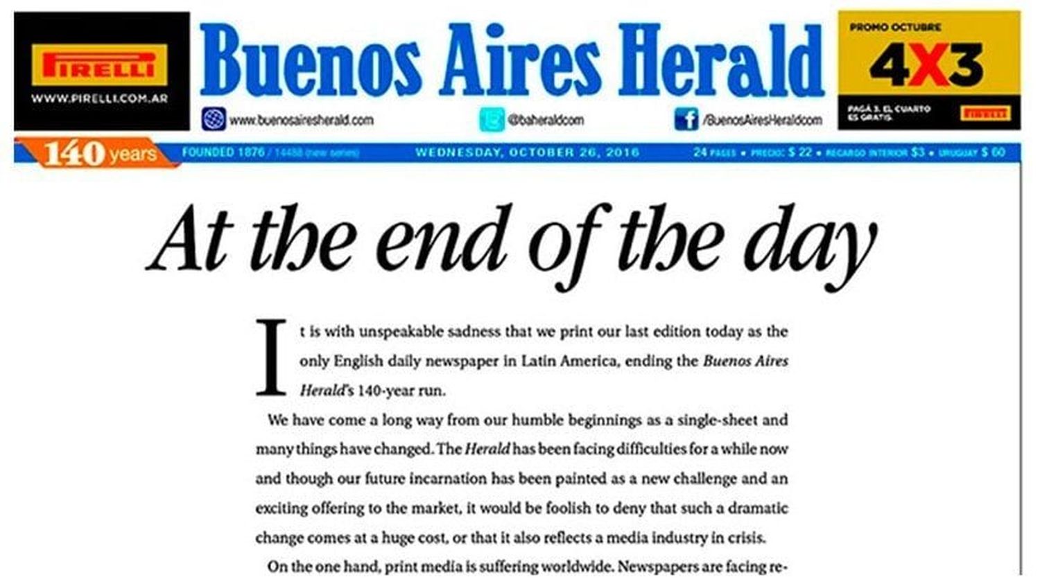 Cierre del Buenos Aires Herald es duro golpe al diarismo impreso