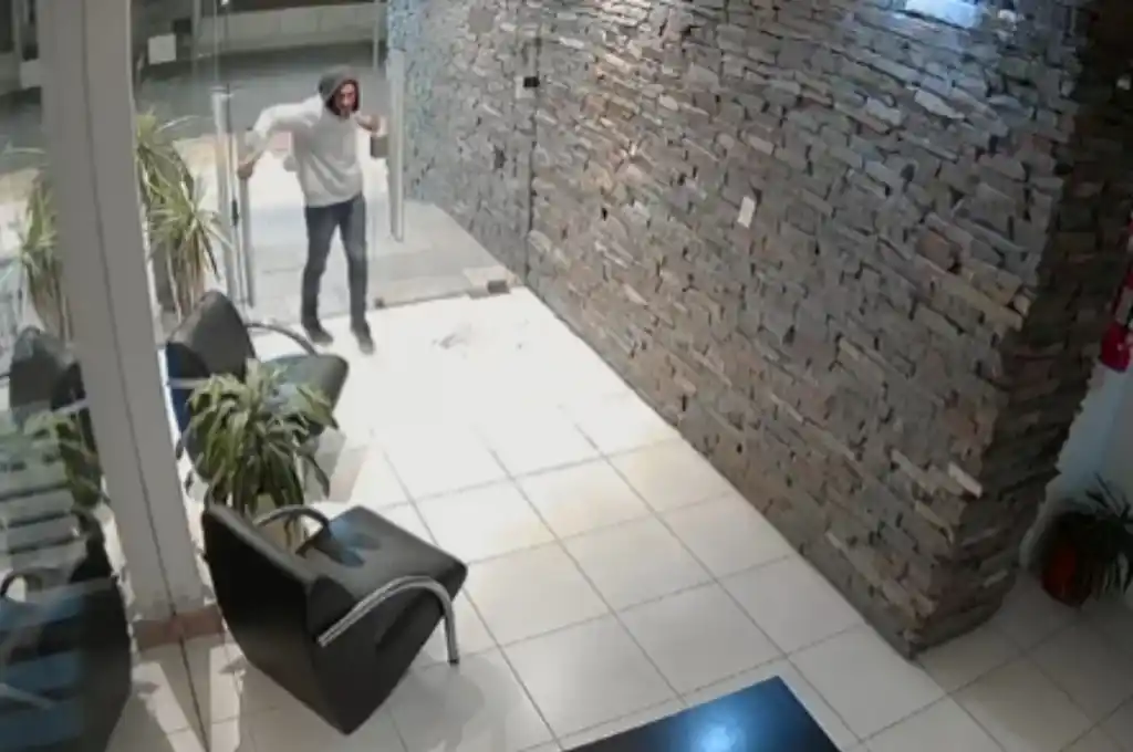 El ladrón quedó grabado mientras forzaba la puerta blíndex del edificio céntrico.