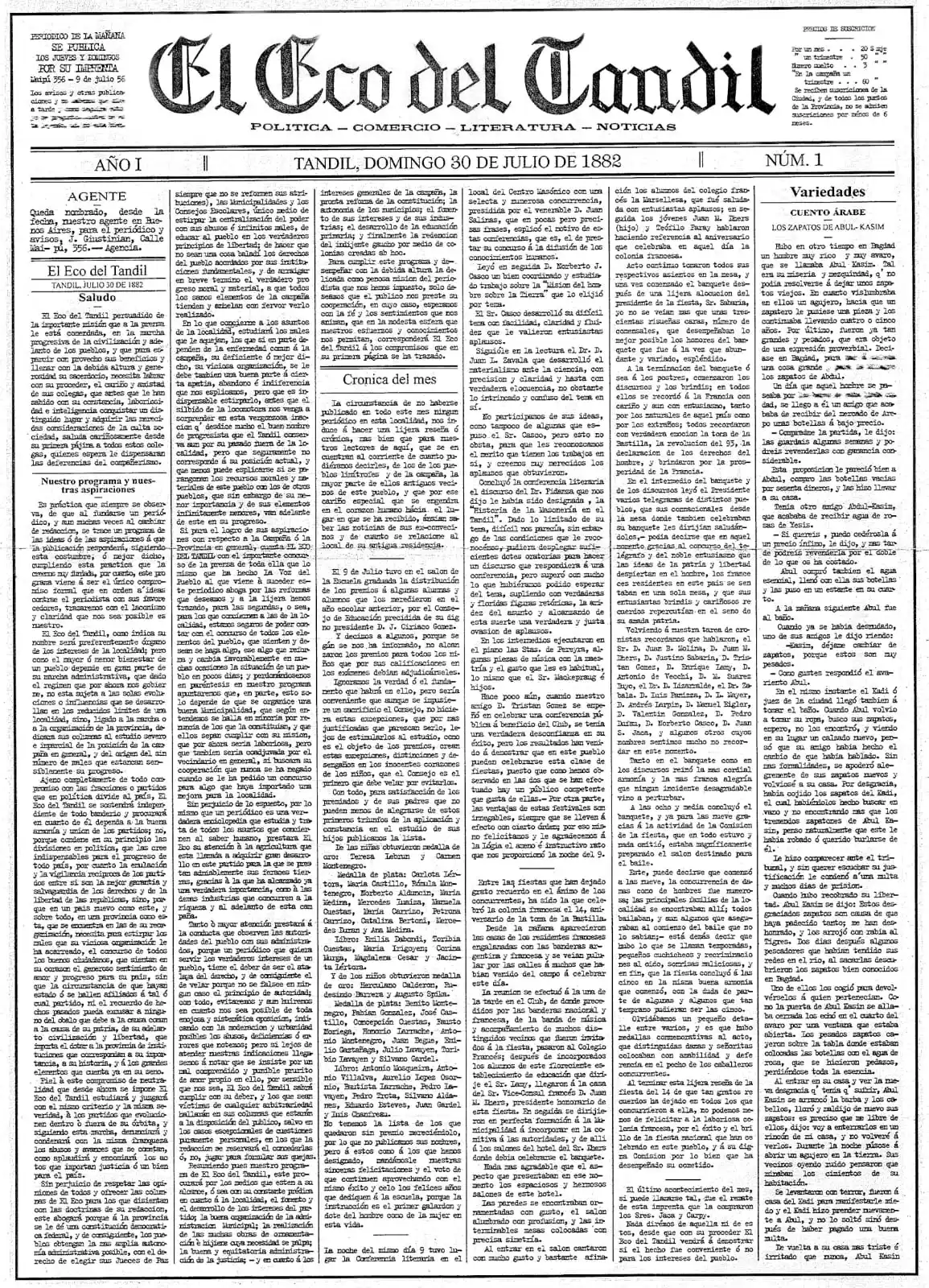 Así fue la primera tapa de "El Eco de Tandil" en 1882