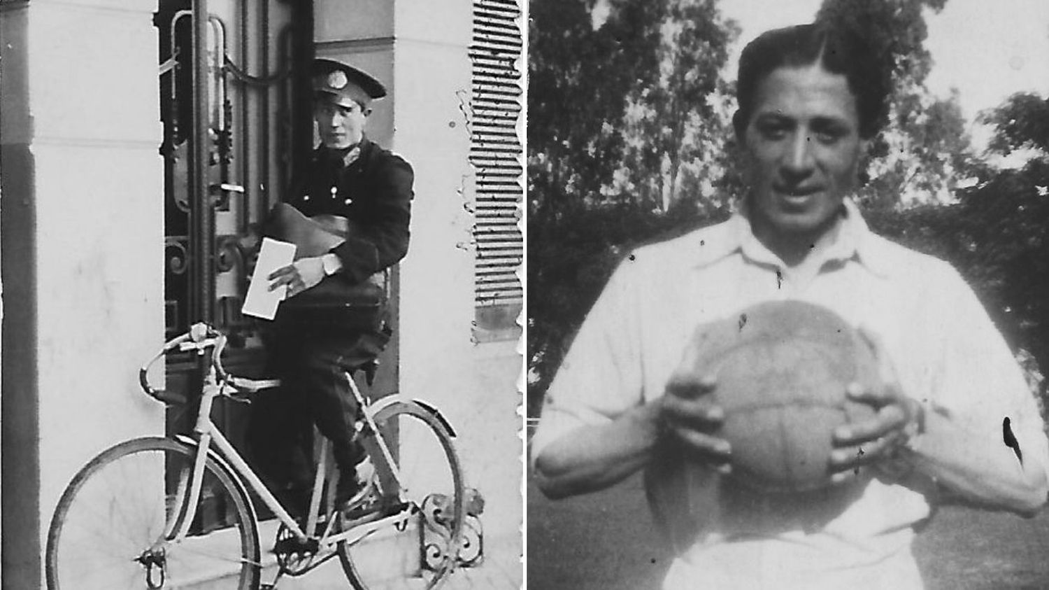 Bazán en dos etapas de su vida: distribuidor de cartas y futbolista (Archivo Gráfico y Museo Histórico)