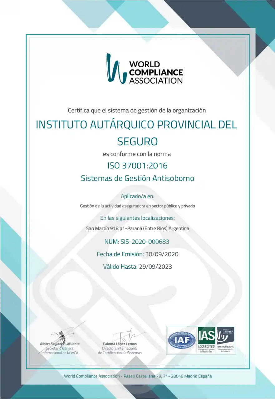 El IAPSER es la primera aseguradora argentina que certifica su Sistemas de Gestión Antisoborno.