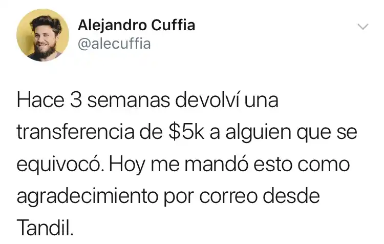 Le llegó una transferencia por error, la devolvió y recibió un agradecimiento bien serrano