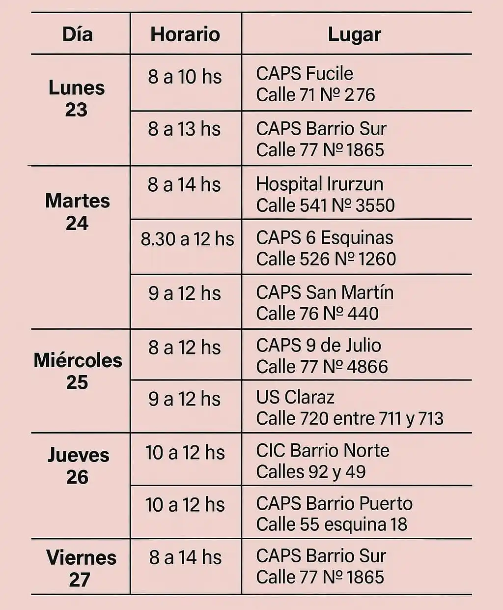 Lugar, días y horarios. Controles ginecológicos