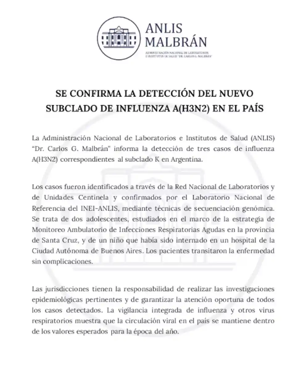 La ANLIS Malbrán detectó tres casos de influenza A (H3N2) subclado K en Argentina