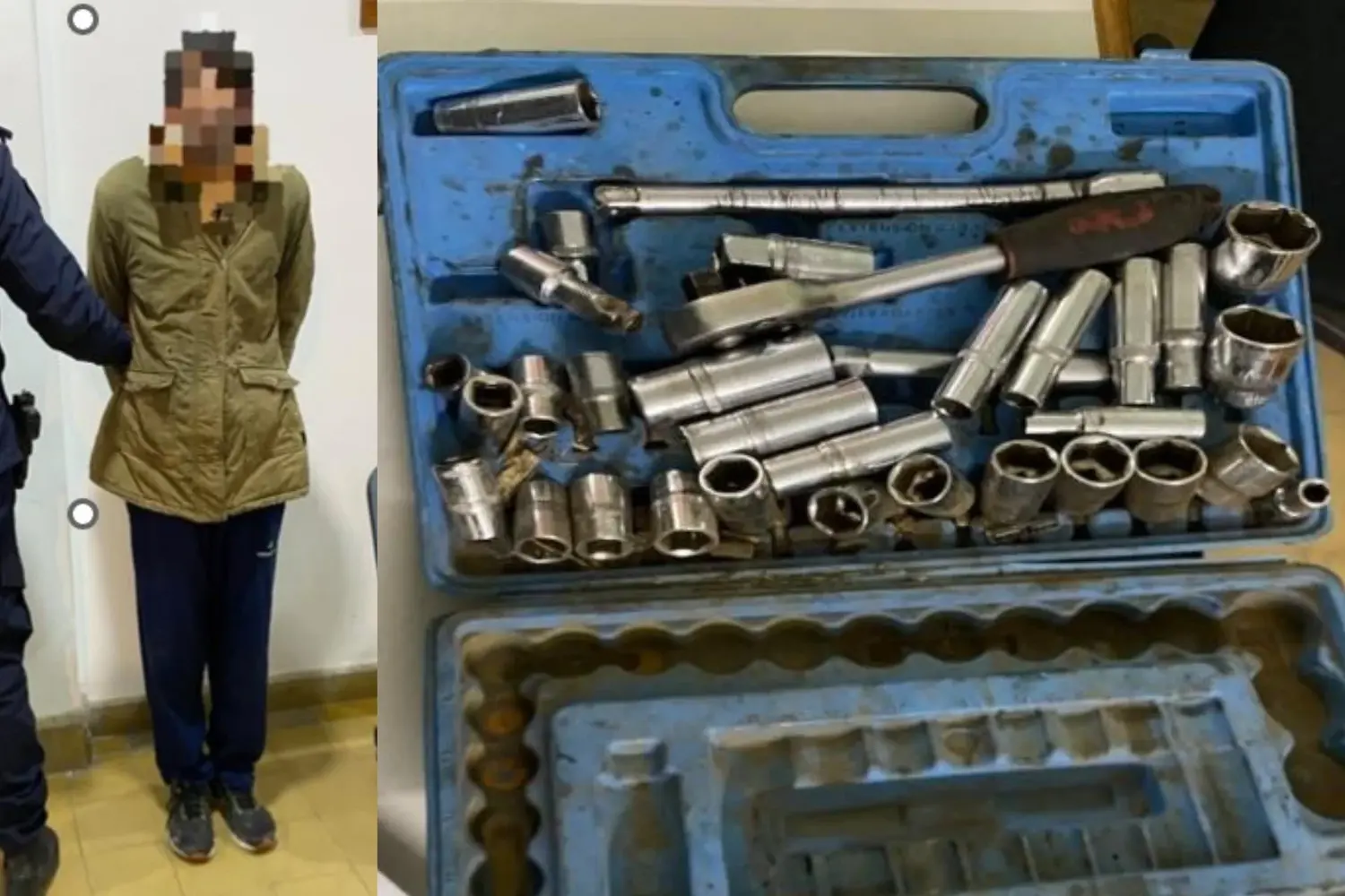 El delincuente fue aprehendido con la caja de herramientas robada.