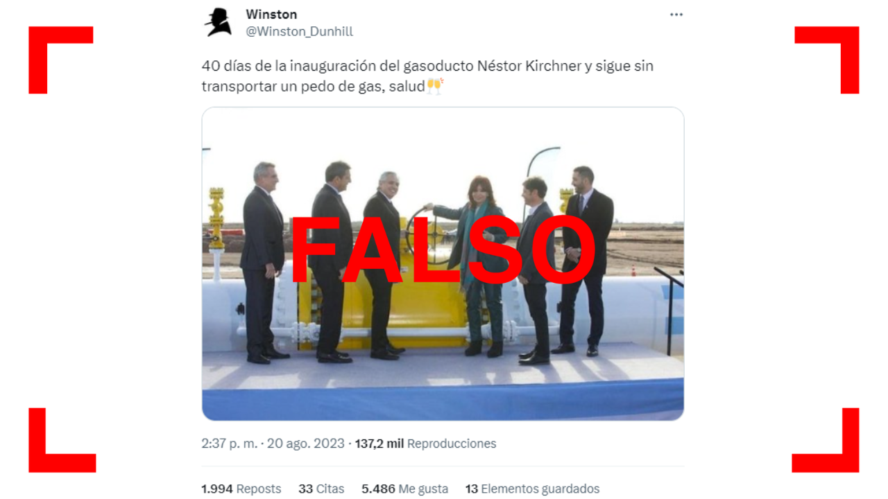Es falso que el gasoducto Néstor Kirchner no esté transportando gas