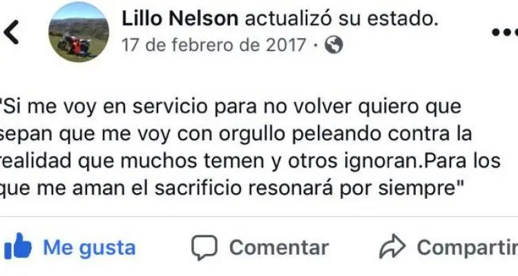 Nelson Lillo había posteado: “Si me voy en servicio para no volver, quiero que sepan que me voy con orgullo”