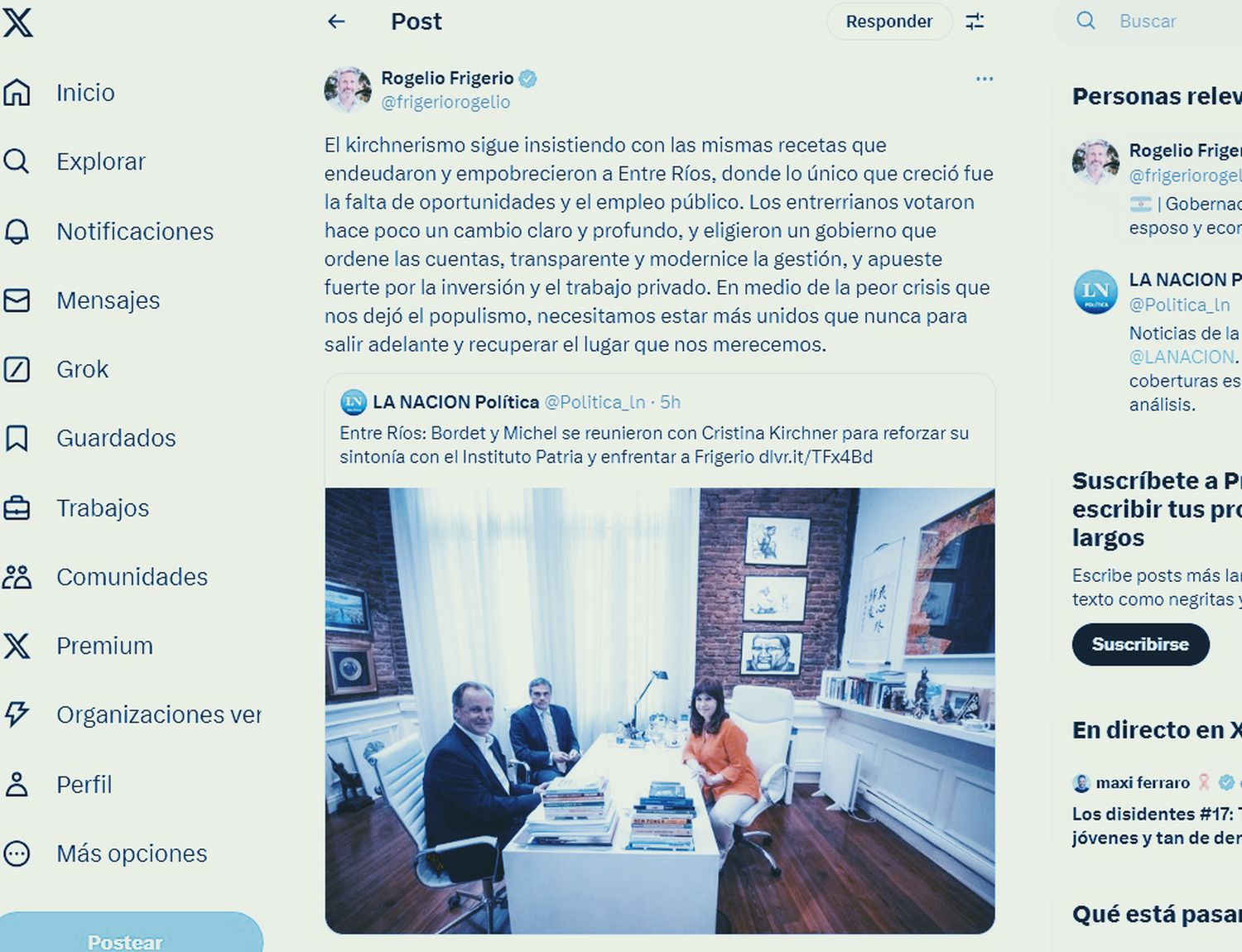 Frigerio no desaprovechó la foto Bordet – Cristina. Michel le salió al cruce