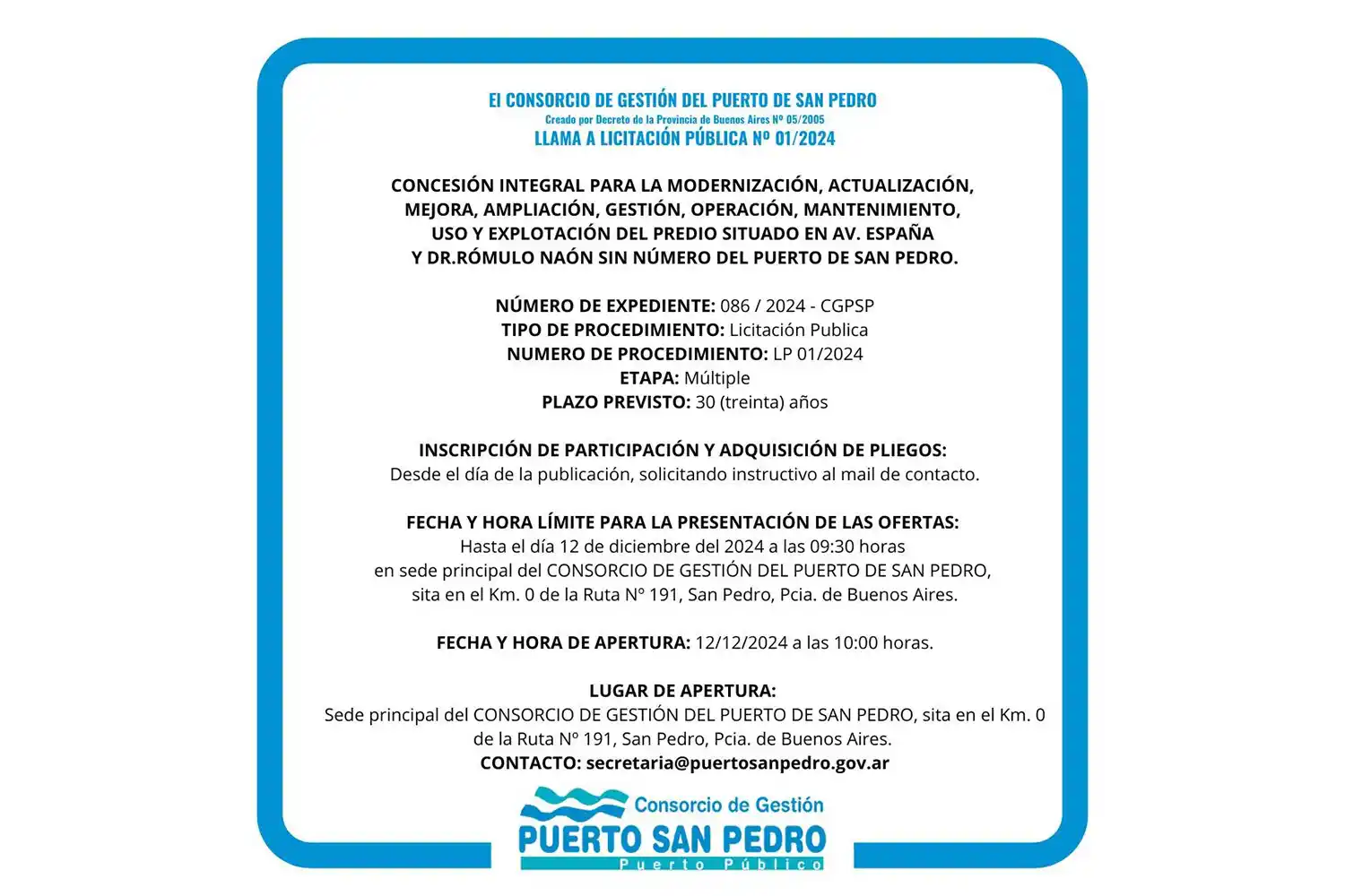 El Consorcio de Gestión del Puerto de San Pedro  llama a licitación pública