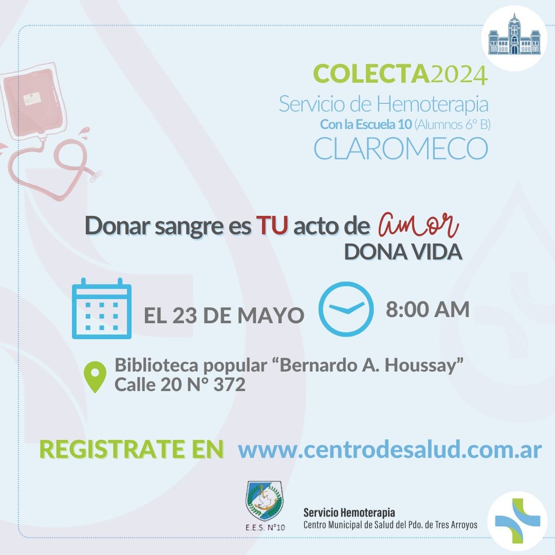 Nueva colecta de sangre con la Escuela 10 de Claromecó