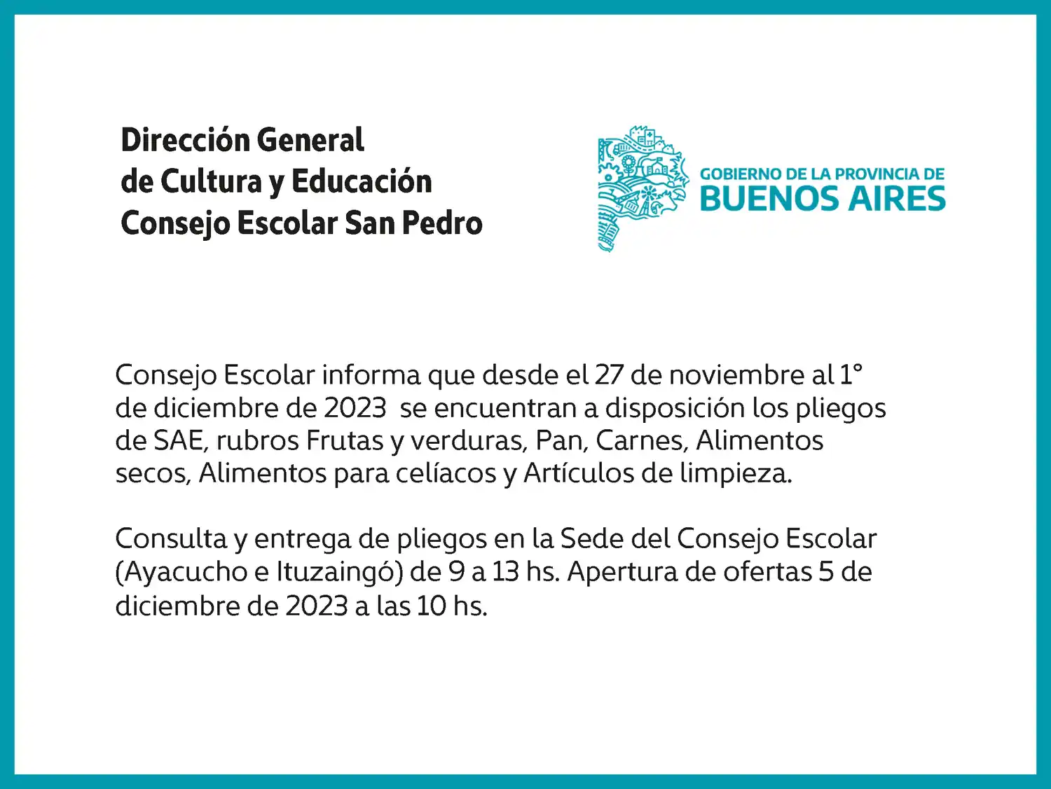 [Publicación Oficial] Consejo Escolar San Pedro: Pliegos SAE a disposición