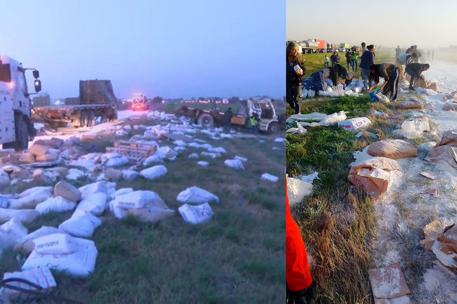 Se derramaron 30 toneladas de harina tras un choque de camiones y el tránsito se vio colapsado