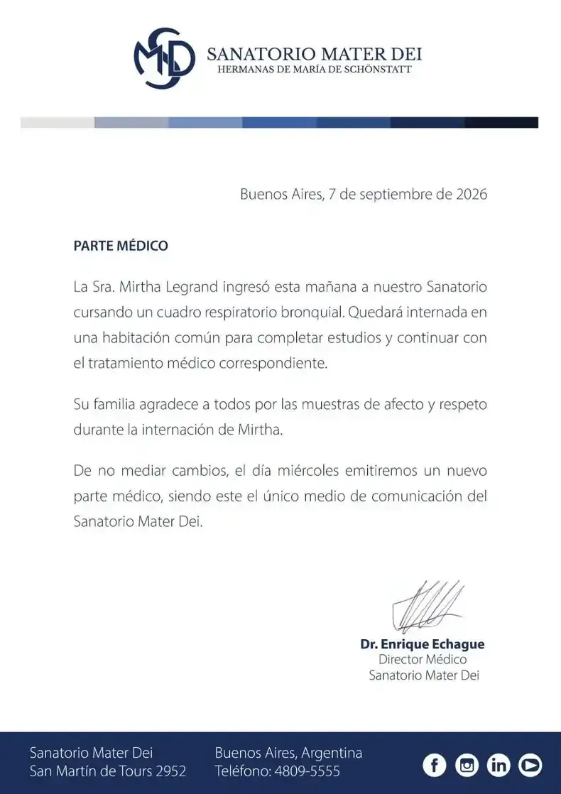 El parte médico de Mirtha Legrand.