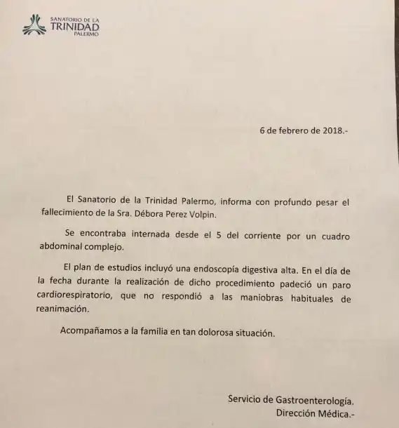 Parte médico del Sanatorio de la Trinidad por la muerte de Pérez Volpin
