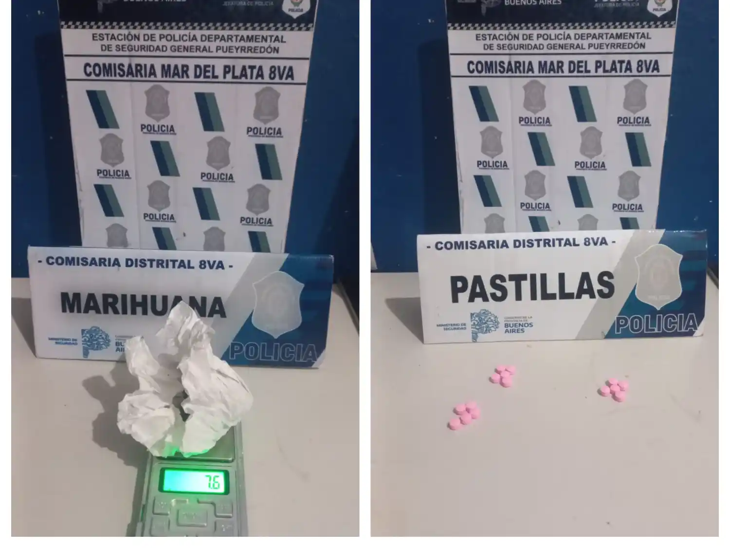 La sustancia vegetal secuestrada dio positivo para cannabis sativa y tenía un peso de 7,6 gramos. Además, se incautaron 15 comprimidos de color rosa que serán sometidos a peritajes para determinar su composición.